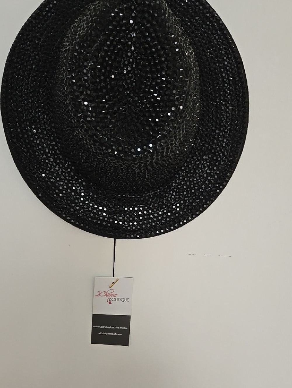 Black Sequin Straw Fedora Hat -